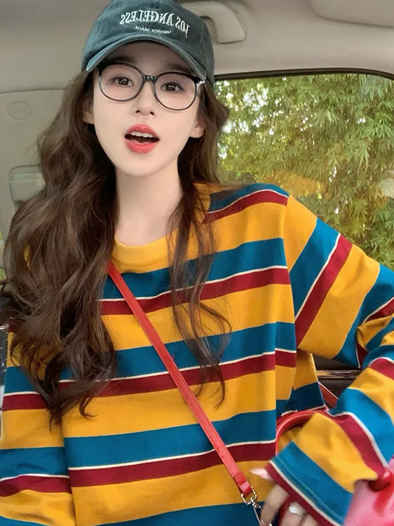 レディース、カラーブロック、ストライプ柄、長袖Tシャツ、クル - Embellish Knit のレビューと価格