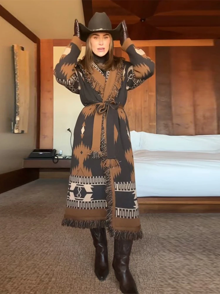 タッセルプリント レディース ロングカーディガン シックなレ - Tassel Fringe Trim のレビューと価格